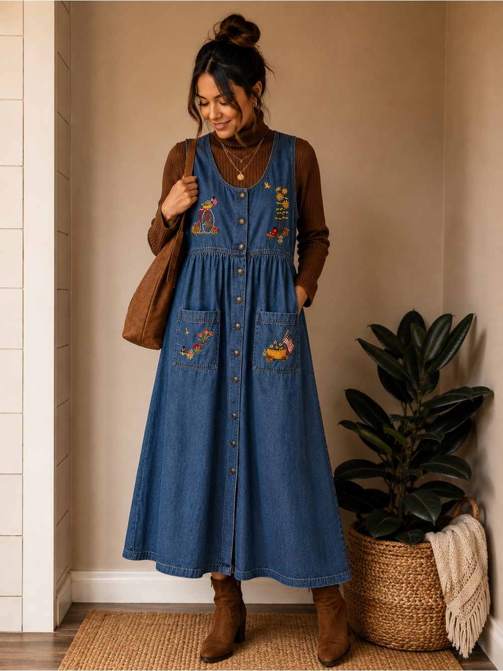 VTG CJ Banks Embroidered Denim Button Front Midi Dress 14W Cottagecore Modest
